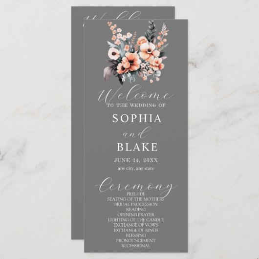 Gray Wedding Programme White and Blush Flowers (Voorkant / Achterkant)