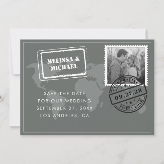 Gray Wereldkaart Destination Wedding Foto Save The Date (Voorkant)