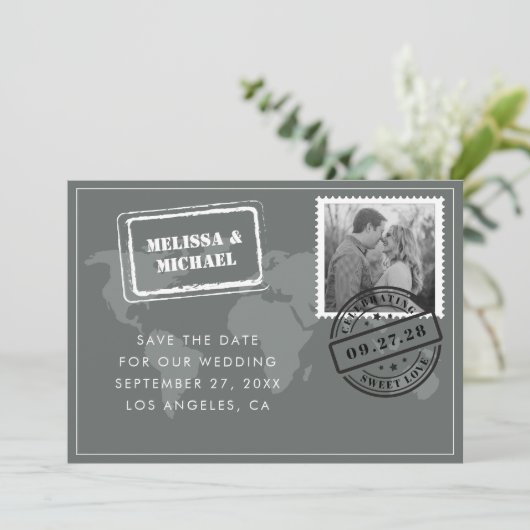 Gray Wereldkaart Destination Wedding Foto Save The Date (Staand voorkant)