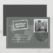 Gray Wereldkaart Destination Wedding Foto Save The Date (Voorkant / Achterkant)
