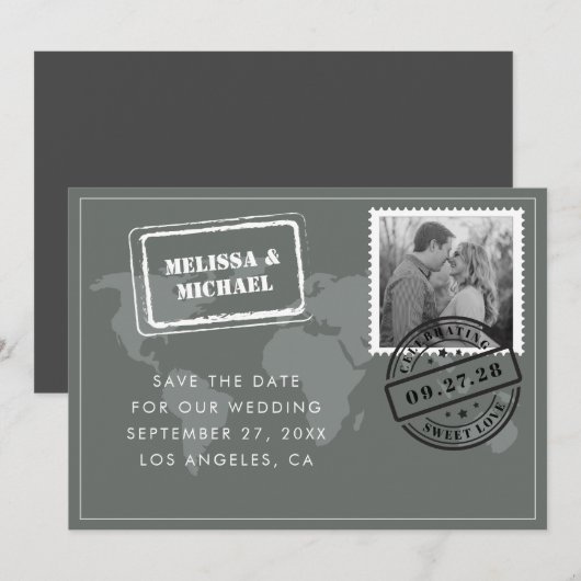 Gray Wereldkaart Destination Wedding Foto Save The Date (Voorkant / Achterkant)