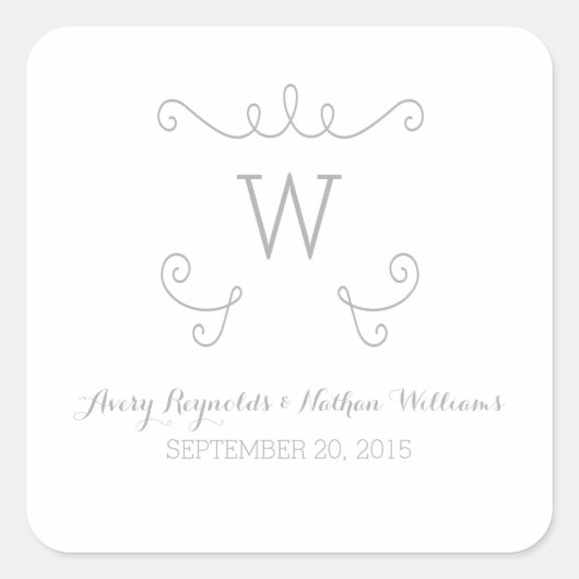 Gray Whimsical Flourish Monogram Wedding Stickers (Voorkant)