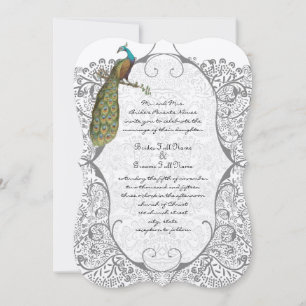 Gray Whimsical Peacock Love Bird Pattern Weddensch Kaart