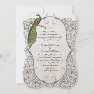 Gray Whimsical Peacock Love Bird Pattern Weddensch Kaart