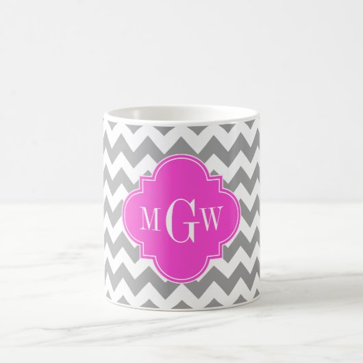 Gray Whirt Chevron Hot Pink Quatrefoil 3 Monogram Koffiemok (Center)