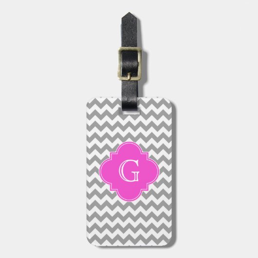 Gray Whirt Chevron Hot Pink Quatrefoil Monogram Bagagelabel (Voorkant verticaal)