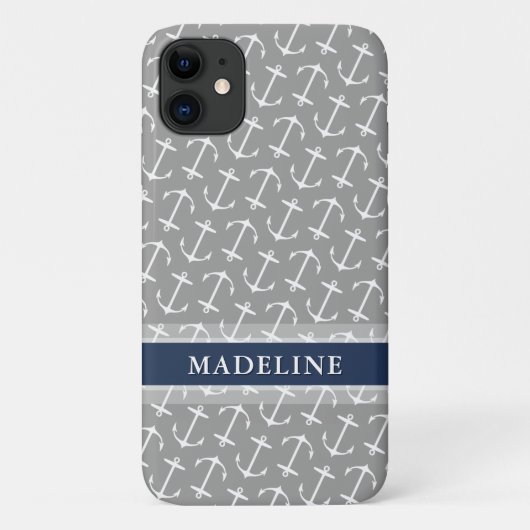 Gray White Anchor Pattern Name Case-Mate iPhone Case (Achterkant)