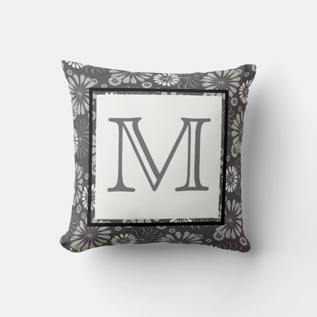 Gray White Black Monogram Floral Kussen (Voorkant)