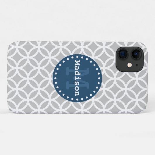 Gray White Blue Moderne Circles Monogram Case-Mate iPhone Case (Achterkant (horizontaal))