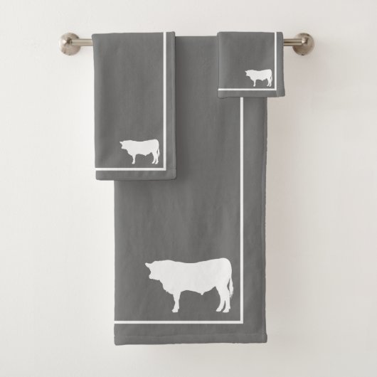 Gray & White Bull Silhouette Farmhouse Bad Handdoek (Insitu)