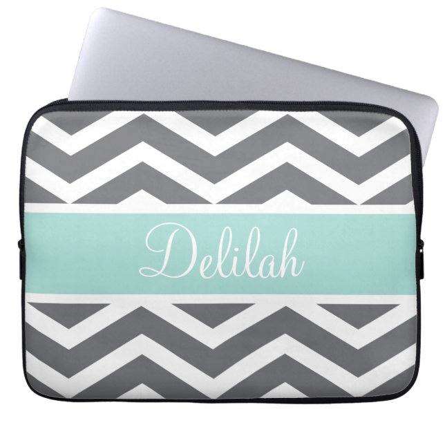 Gray White Chevron Blauwgroen naam Laptop Sleeve (Voorkant)