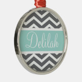 Gray White Chevron Blauwgroen naam Metalen Ornament (Rechts)