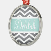 Gray White Chevron Blauwgroen naam Metalen Ornament (Links)