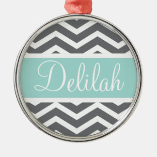 Gray White Chevron Blauwgroen naam Metalen Ornament