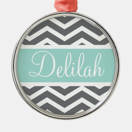 Gray White Chevron Blauwgroen naam Metalen Ornament (Voorkant)