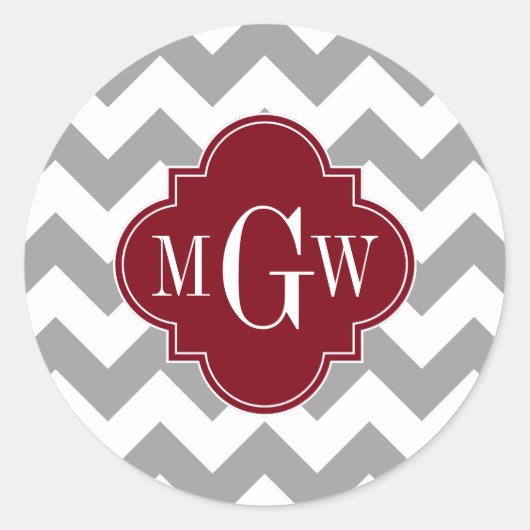 Gray White Chevron Burgundy Quatrefoil 3 Monogram Ronde Sticker (Voorkant)