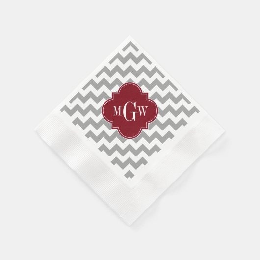 Gray White Chevron Burgundy Quatrefoil 3 Monogram Servetten (Hoek)