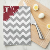 Gray White Chevron Burgundy Quatrefoil 3 Monogram Theedoek (Quarter Fold)