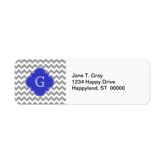 Gray White Chevron Cobalt Blue Quatrefoil Monogram Etiket (Voorkant)