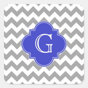 Gray White Chevron Cobalt Blue Quatrefoil Monogram Vierkante Sticker