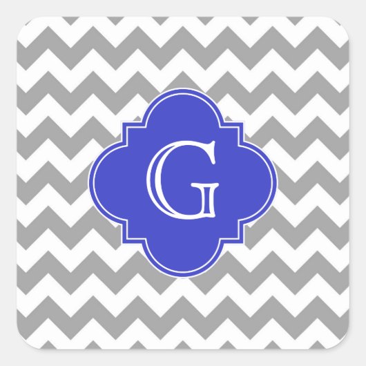Gray White Chevron Cobalt Blue Quatrefoil Monogram Vierkante Sticker (Voorkant)
