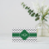 Gray White Chevron Emerald Quatrefoil 3 Monogram Visitekaartje (Staand voorkant)