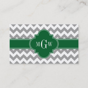 Gray White Chevron Emerald Quatrefoil 3 Monogram Visitekaartje