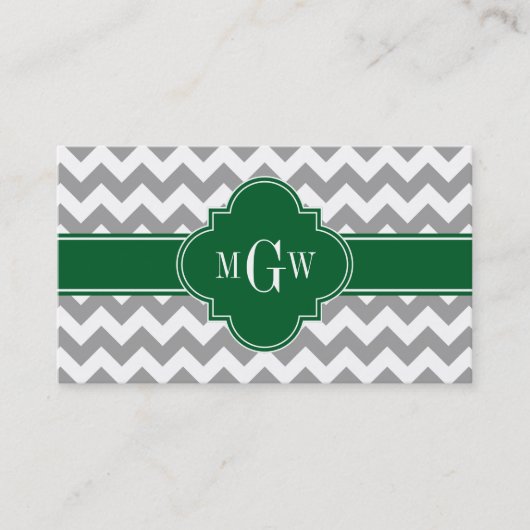 Gray White Chevron Emerald Quatrefoil 3 Monogram Visitekaartje (Voorkant)