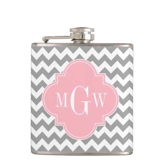 Gray White Chevron Pink Quatrefoil 3 Monogram Heupfles (Voorkant)