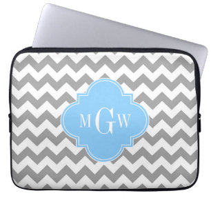 Gray White Chevron Sky Blue Quatrefoil 3 Monogram Laptop Sleeve