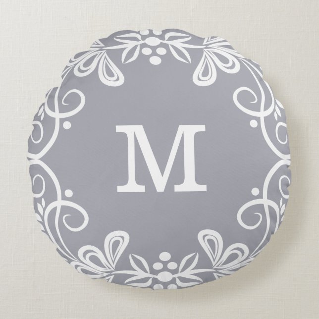 Gray White Custom Monogram Decoratief Rond Kussen (Voorkant)