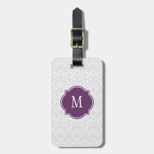 Gray & White Damask Monogram Bagagelabel (Voorkant verticaal)