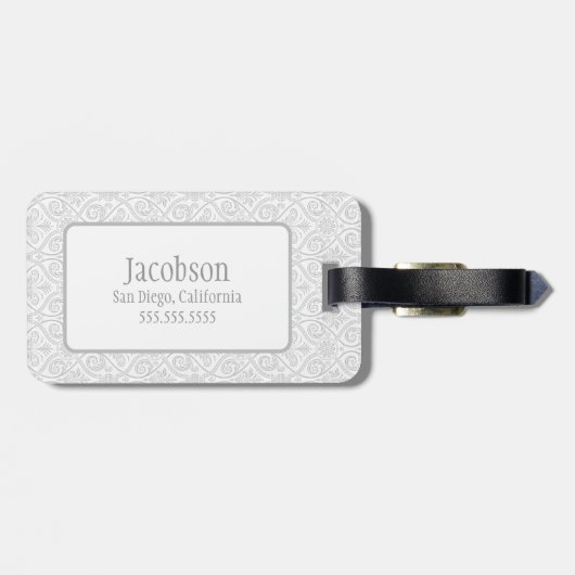 Gray & White Damask Monogram Bagagelabel (Achterkant horizontaal)