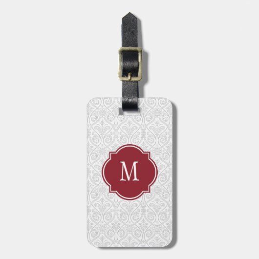 Gray & White Damask Monogram Bagagelabel (Voorkant verticaal)