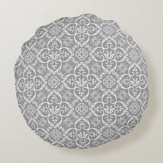 Gray & White Damask Round Pillow Rond Kussen (Achterkant)