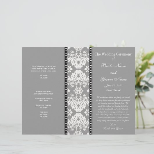 Gray White Damask Wedding Program (Staand voorkant)