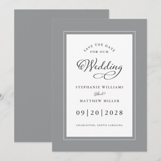 Gray White Elegant Wedding Chic Script Border Save The Date (Voorkant / Achterkant)