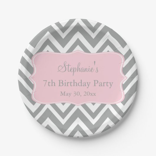 Gray, White en Pastel Pink Chevron Birthday Papieren Bordje (Voorkant)