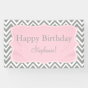Gray, White en Pastel Pink Chevron Birthday Spandoek