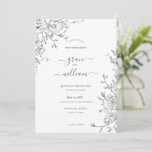 Gray White Floral Calligraphy Script Weddenschap Kaart (Staand voorkant)