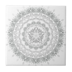 Gray White Floral Damask Mandala Tegeltje