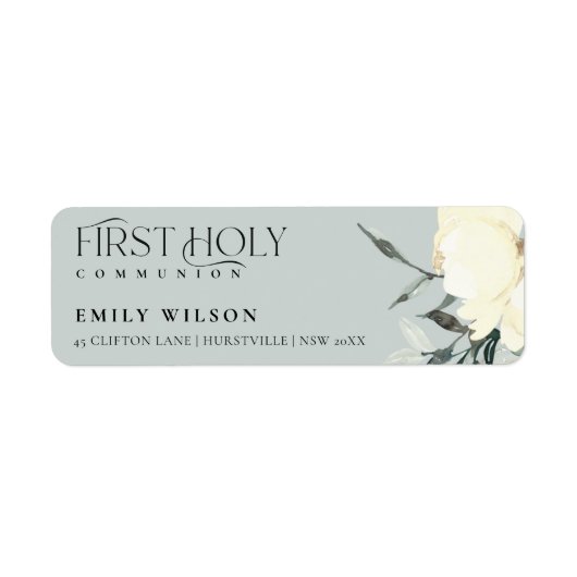 GRAY WHITE FLORAL FIRST HOLY COMMUNION ADRES ETIKET (Voorkant)