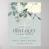 GRAY WHITE FLORAL FIRST HOLY COMMUNION WELCOMM POSTER (Voorkant)