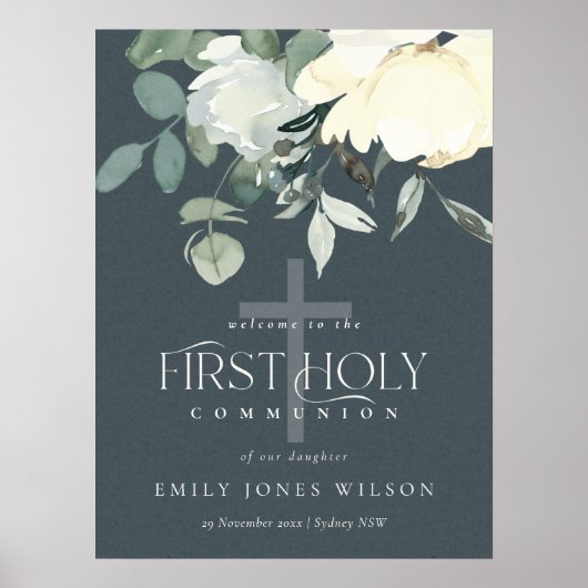 GRAY WHITE FLORAL FIRST HOLY COMMUNION WELCOMM POSTER (Voorkant)