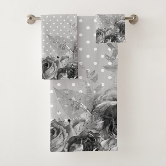 GRAY WHITE FLORAL SPOT BATHROOM TOWEL SET BAD HANDDOEK (Insitu)
