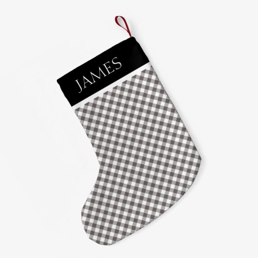 Gray White Gingham Black Collar Aangepaste naam Kleine Kerstsok (Achterkant (Hangend))