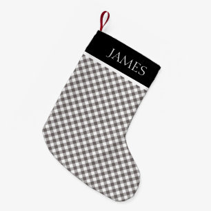 Gray White Gingham Black Collar Aangepaste naam Kleine Kerstsok