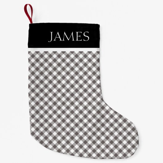 Gray White Gingham Black Collar Aangepaste naam Kleine Kerstsok (Voorkant)