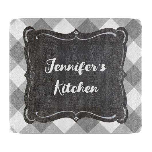Gray White Gingham Farmhouse Style Name Snijplank (Voorkant)