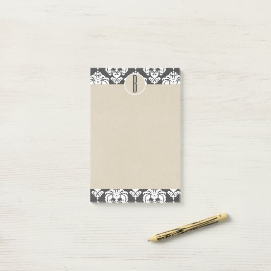 Gray White Glam Damask Kraft Monogram Initiaal Post-it® Notes (Op bureau)